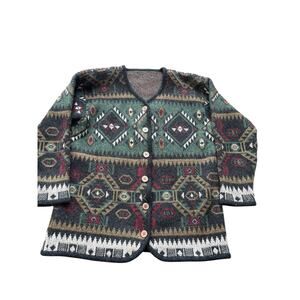 Vintage Aztec Blanket Southwestern Wool Cardigan Sweater Small Green Grey Ranch